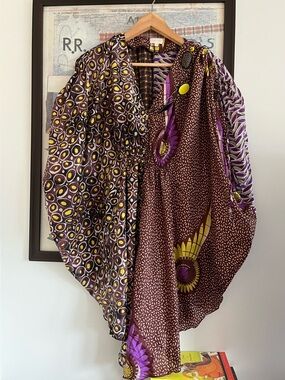 100% Silk Emamo Italy Patchwork-Print Beaded Kaftan Dress Cover-Up S/Freesize